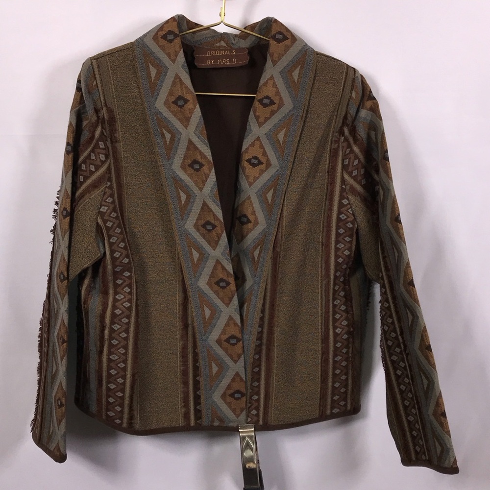 Handmade Western New Mexico Geometric Patterned Blazer - Brown and Gray Size XL